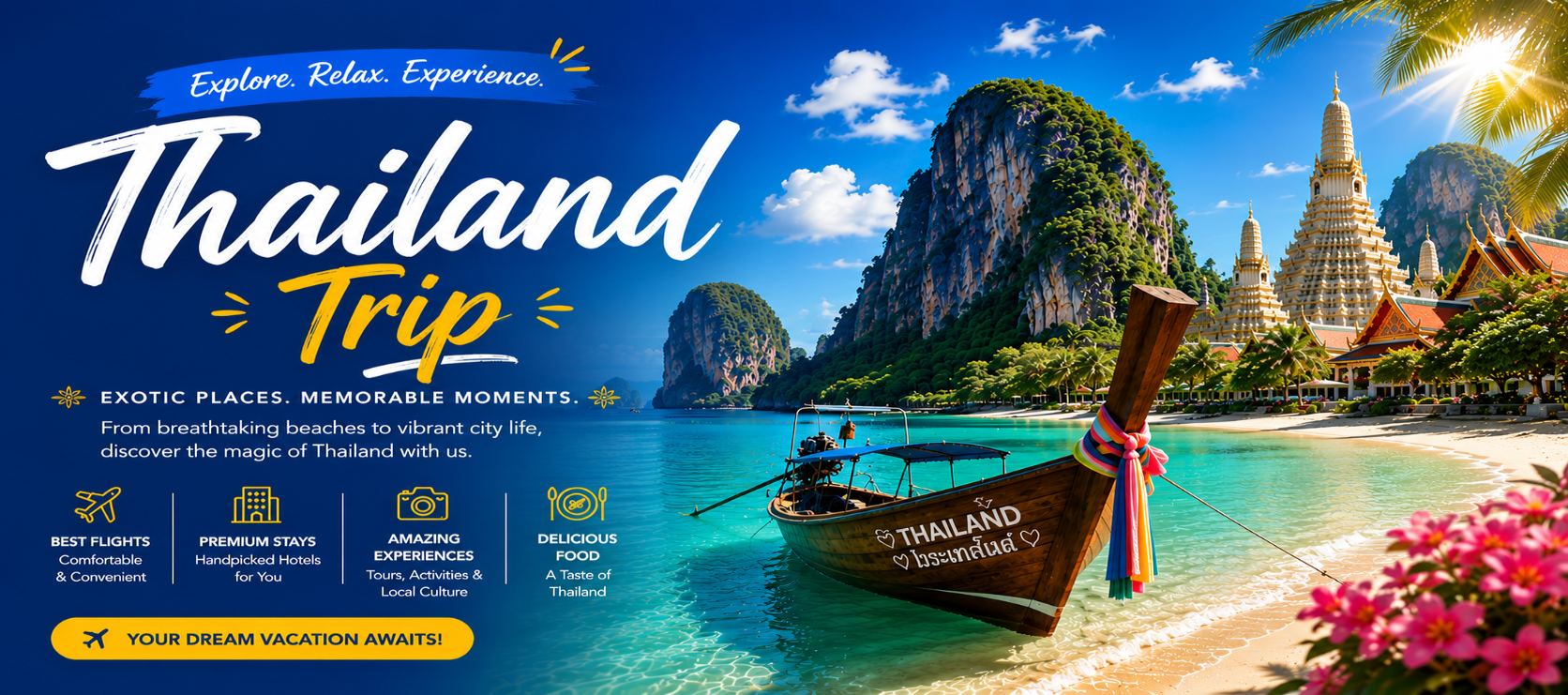 Thailand Trip — explore, relax, experience. From breathtaking beaches to vibrant city life: best flights, premium stays, amazing experiences and delicious food.